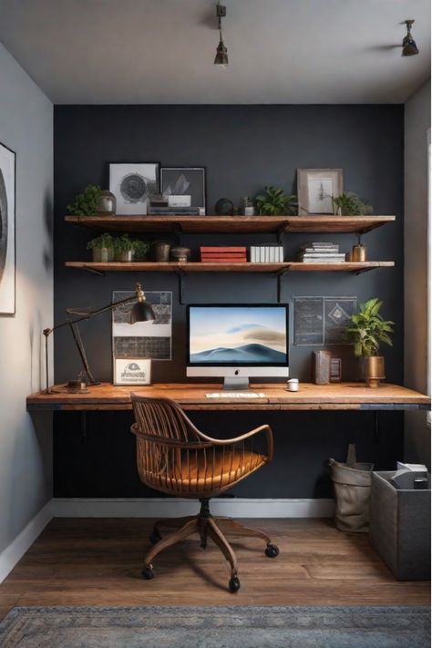 Creative apartment workspace with DIY desk and painted file cabinets Small Office Remodel Ideas, Diy Basement Office, Office Desk Diy Ideas, Budget Office Makeover, How To Make A Desk Diy, Floating Gaming Desk, Work Desk In Bedroom, Diy Home Office On A Budget, Floating Desk And Shelves