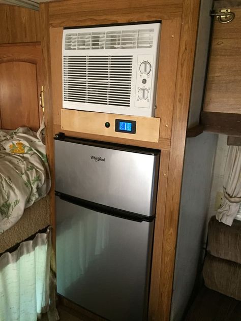 Wall Mounted Air Conditioner And Refrigerator - Truck Camper Magazine Camper Refrigerator, Van Air Conditioner, Van Conversion Air Conditioner, How To Clean Rv Air Conditioner, Camper Air Conditioner, Camper Fridge, Camper Modifications, 3 Way Rv Refrigerator, Scamp Camper