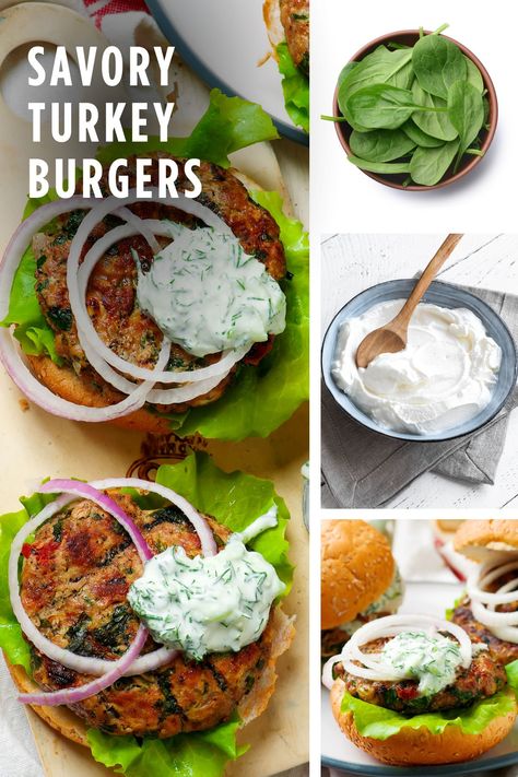 Rethink burger night with these Savory Turkey Burgers.  Serve up your burger with all the burger fixings you crave plus a flavorful and guilt-free yogurt sauce that makes burger night healthy! Sauce For Turkey, Burger Fixings, Dannette May Recipes, Burger Sides, Burger Sauces Recipe, Dash Diet Recipes, Danette May, Juicy Burger, Burger Night