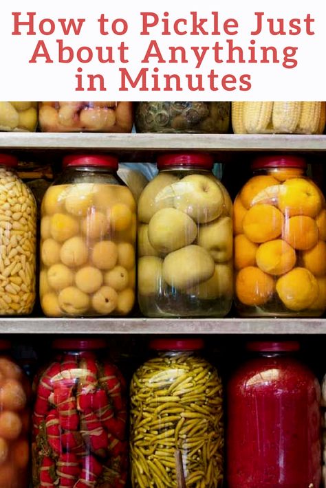 Pickle just about anything in minutes - Preserve and increase the lifespan of your food by learning to pickle just about anything in minutes with one simple trick! Can Potatoes, Canning Potatoes, Easy Pickling Recipes, How To Make Pickles, Canning Pickles, Home Canning Recipes, Canning Food Preservation, Canned Food Storage, Fermentation Recipes