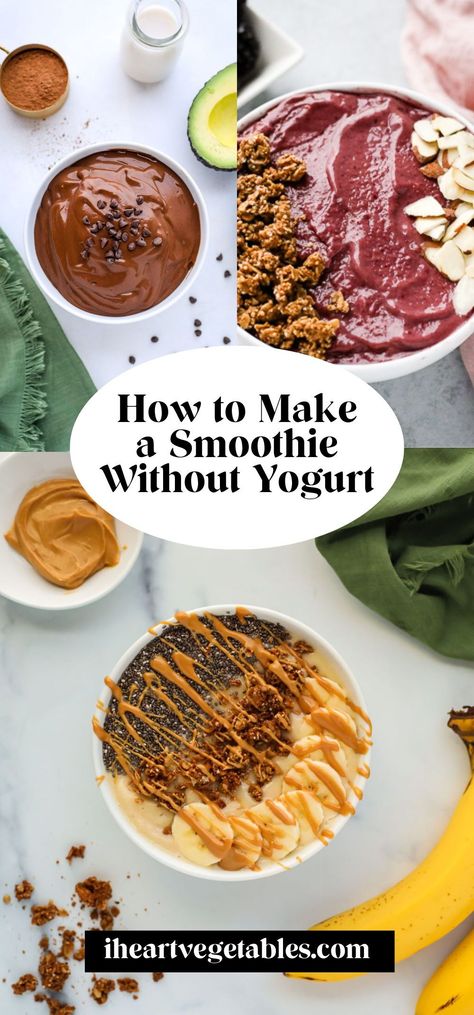 If you want to make a super creamy smoothie without yogurt, follow these tips! Whether you need to make a plant-based smoothie or you just ran out of yogurt, there are plenty of ways to make a tasty smoothie without it! Peanut Butter Smoothie Bowl, Cottage Cheese Smoothie, Triple Berry Smoothie, Smoothie Without Yogurt, Chocolate Avocado Smoothie, Almond Milk Yogurt, Plant Based Yogurt, Acai Smoothie Bowl, Peanut Butter Smoothie