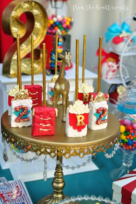 Circus Theme Party Desserts, Circus Theme Treat Table, Circus Party Cake, Carnival Birthday Treats, Circus Rice Krispie Treats, Circus Desserts, Circus Treats, Circus Theme Treats, Carnival Rice Krispy Treats