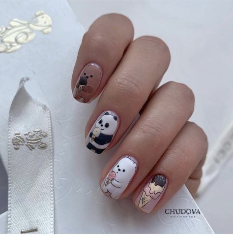 Panda Nail Art, Acrylic Nail Designs Classy, Cartoon Nail Designs, Line Nail Art, Kids Nail Designs, Bears Nails, Boho Nails, Animal Nail Art, Gel Nail Art Designs