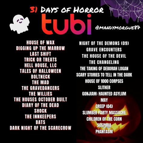 Horror movie recommendations Good Movies To Watch On Tubi, Tubi Movies To Watch List, Movies To Watch On Tubi, Horror Movies To Watch, Scary Movie List, Movies Scary, Annabelle Creation, Scary Movies To Watch, Halloween Movies To Watch