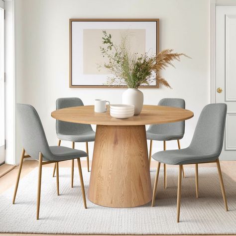 Immerse yourself in the inviting charm of this exquisite Round Oak Dining Table Set with 4 Chairs. Crafted with impeccable attention to detail, this set promises to elevate your dining experience and become a timeless centerpiece in your home. The focal point of this ensemble is the round oak dining table, boasting a warm and natural aesthetic. With its sturdy construction and high-quality oak wood, this table is built to endure the test of time while exuding a sense of elegance and sophisticati Big Round Table Dining Room, Round Dining Table Decor Modern, Small Dining Room Round Table, Dining Room Round Table Ideas, Round Dining Table Ideas, Circular Kitchen Table, Dining Table Decor Modern, Round Dining Table Decor, Round Oak Dining Table