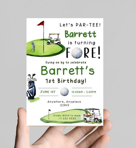 Let's PAR-TEE turning FORE birthday invitation, Fourth birthday party, golf theme, perfect for a little boy's birthday, customizable Dates Background, Fourth Birthday Party, Invitation First Birthday, Par Tee, Golf Birthday Party, Golf Party, Golf Theme, Golf Birthday, Fourth Birthday