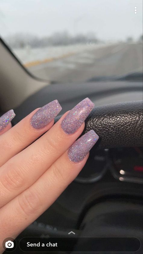 Acrylic Nails Shimmer Glitter, Acrylic Nails Solid Color With Glitter, Solid Color Sparkly Nails, Shimmer Purple Nails, Pastel Purple Glitter Nails, Lavender Nails Sparkle, Shimmery Acrylic Nails, Purple Sparkle Acrylic Nails, Sparkly Nails Purple