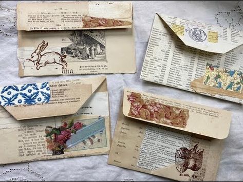 (410) #roxysweeklychallenge | Tutorial | Simple antique book page envelopes | Week 11 - YouTube Book Page Envelopes, Diy Ephemera, Altered Envelopes, Genealogy Art, Roxy Creations, Minimal Decoration, Journaling Videos, Altered Books Pages, Envelope Book