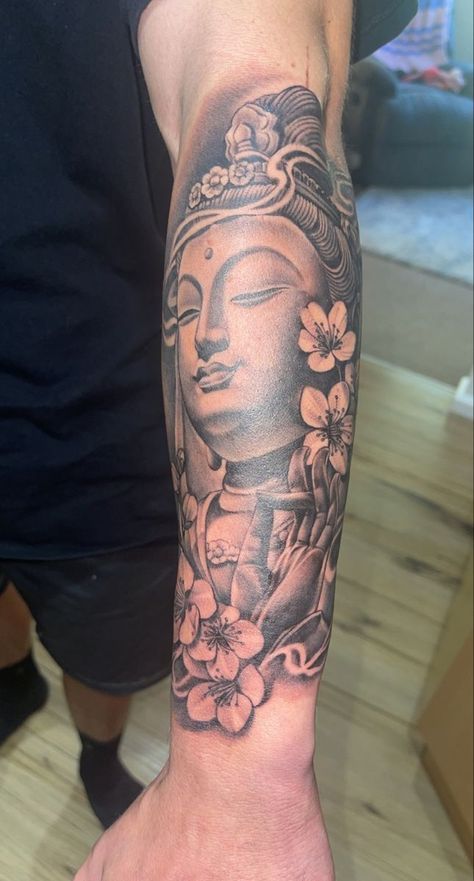 Buddha Forearm Tattoo Women, Buddhist Tattoo Sleeve, Forearm Tattoos For Guys, Buddha Tattoo Sleeve, Polynesian Tattoos Women, Hawaii Tattoos, Dragon Sleeve, Buddha Tattoo Design, Buddha Tattoos