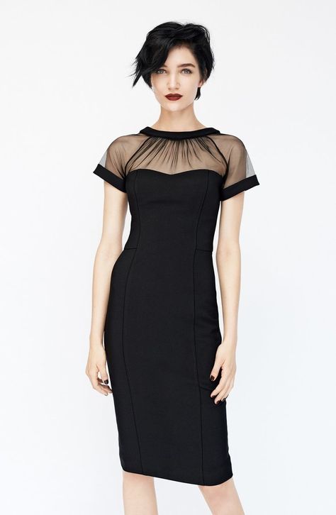 Maggy London Illusion Yoke Crepe Sheath Dress ($148) Black Mesh Dress, Coctail Dresses, Eve Dresses, Maggy London, Dinner Dress, Black Cocktail Dress, Mode Vintage, Ladies Dress Design, Homecoming Dress