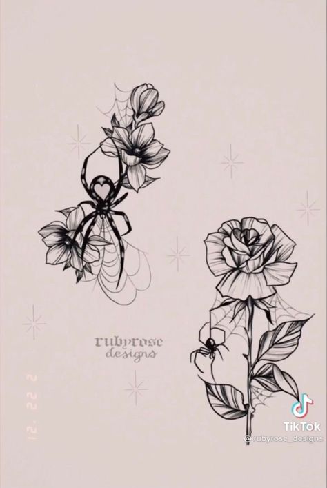 Matching Tattoos Floral, Ruby Rose Designs, Spider Flower, Couples Tattoo, Web Tattoo, Insect Tattoo, Wicked Tattoos, Creepy Tattoos, Spooky Tattoos