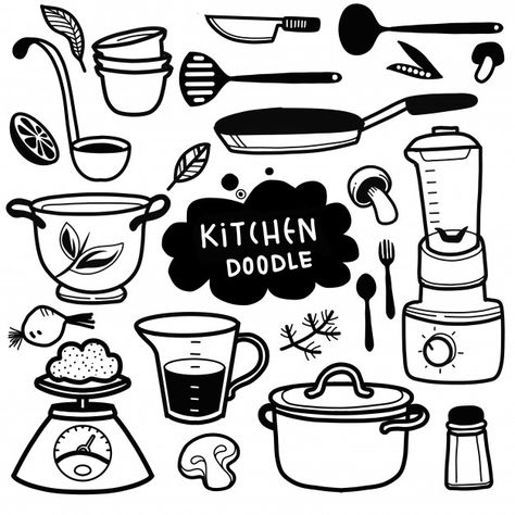 Set of kitchen utensil doodle | Premium Vector #Freepik #vector #food Kitchen Doodles, Sticker Doodles, Doodle Kawaii, Hand Drawn Doodles, Logos Retro, Kitchen Drawing, Food Doodles, Doodle Art Drawing, Sketch Notes