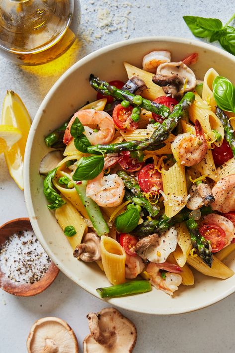 Shrimp Primavera Pasta, One Pot Shrimp Pasta, Veggie Loaded Pasta, Shrimp Pasta Primavera, One Pot Shrimp, Loaded Pasta, Pasta Shrimp, Potted Shrimp, Shrimp And Asparagus