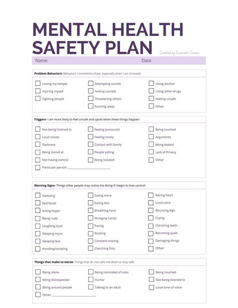 Printable detailed mental health safety plan. Identifying behaviors, triggers, warning signs, interventions, and crisis plan. Crisis Safety Plan, Mental Health Work Activities, Mental Health Activity Ideas, Social Work Interventions, Crisis Plan, Future Therapist, Mental Health Plan, Safety Plan, Crisis Intervention