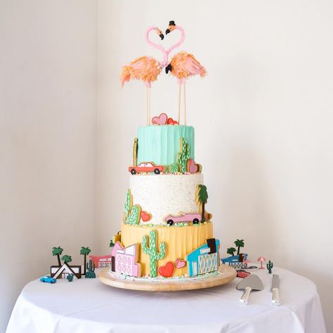 “A Palm Springs inspired wedding cake for my good friends, Mishy & Ben on their very special day! 🌴🎂💖🍸🌵 Layers of vanilla & chocolate butter cake filled…” Palm Springs Theme, Chocolate Butter Cake, Palm Springs Party, Flamingo Cake Topper, Spring Wedding Cake, Best Cakes, Flamingo Cake, Vanilla Sugar Cookie, Diy Cake Topper