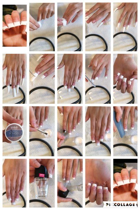 Step by step to how to do your own acrylics  French tip nails  Disclaimer: I did not get this from the Internet!  nails by its._.c How To Do Acrylic Nails Step By Step, Do Acrylic Nails, Ophelia Lovibond, Nails Step By Step, Nail Room Ideas, Acrylic French, Opal Nails, French Manicures, Acrylic Nails At Home