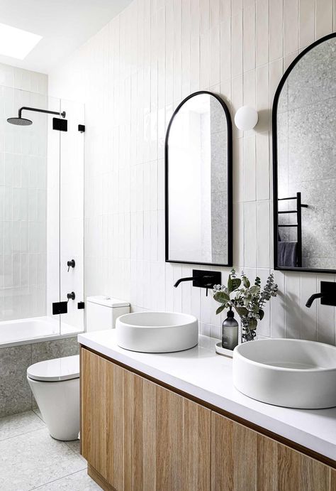 A traditional Victorian cottage in Balmain's modern extension | Inside Out Arched Mirrors, Subway Tiles Bathroom, Bathroom Design Inspiration, Bathroom Inspiration Decor, Downstairs Bathroom, Main Bathroom, Bathroom Renos, Mirror On The Wall, Bathroom Inspo