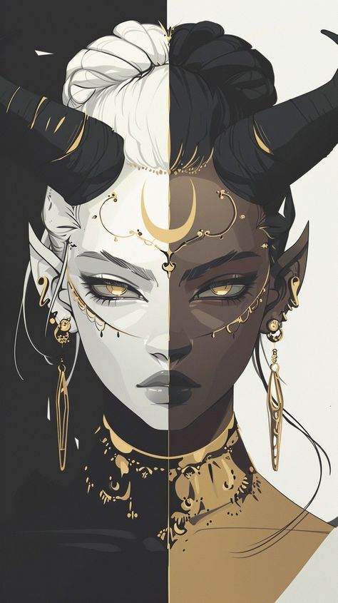 Magic Design Illustration, Hexblood Dnd Character Female, Black Tiefling, Tiefling Culture, Black Mage Art, Horned Woman, Tiefling Horns, Goth Tiefling, Female Priest