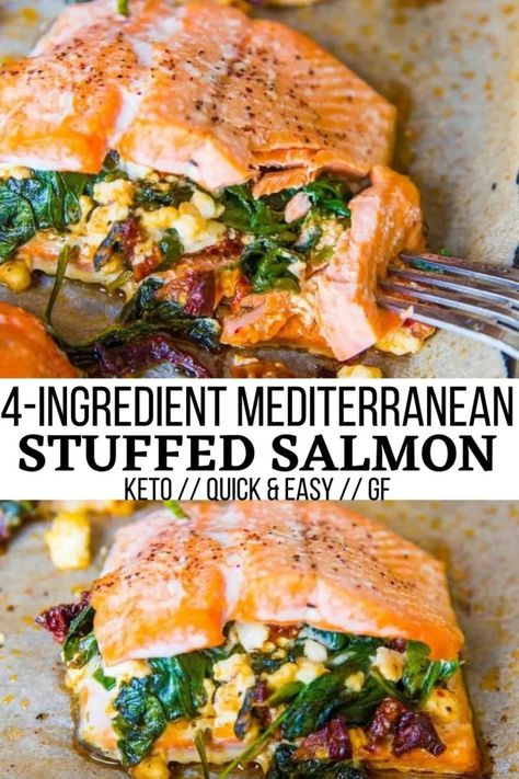 Mediterranean Stuffed Salmon, Healthy Stuffed Salmon, Salmon With Feta, Stuff Salmon, Pesto Quinoa, Mediterranean Salmon, Crispy Salmon, Stuffed Salmon, Mediterranean Diet Recipes Dinners