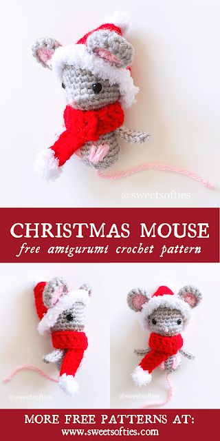 Christmas Mouse (Free Amigurumi Crochet Pattern) - Sweet Softies | Amigurumi and Crochet Crochet Ornament Patterns, Crocheted Christmas, Mouse Pattern, Crochet Christmas Gifts, Crochet Xmas, Crochet Mouse, Crochet Christmas Decorations, Crochet Ornaments, Crochet Amigurumi Free