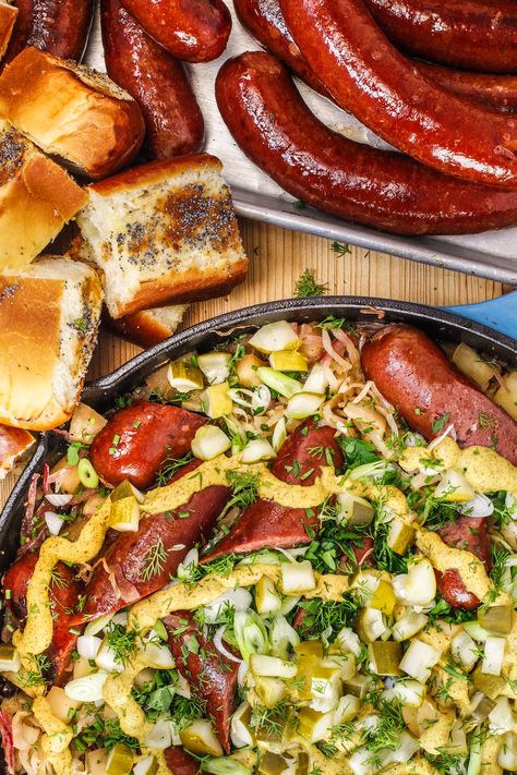 Oktober Gonna Knock You Out: Rachael’s Knockwurst with Spiked Sauerkraut Knockwurst Recipes, Sauteed Apples, Rachel Ray Recipes, Rachael Ray Recipes, Hard Cider, Rachael Ray, Pork Dishes, Sausage Recipes, Online Food