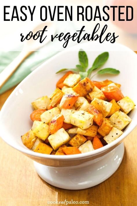 These easy oven roasted root vegetables are a perfect side dish for fall. Or a simple no-stress side for the holidays. And they are paleo, vegan, gluten-free and Whole30-compliant! This easy recipe is perfect for Thanksgiving! #roastedrootvegetables #easysidedish #vegansidedish Oven Roasted Root Vegetables, Paleo Thanksgiving Recipes, Roasted Fall Vegetables, Root Vegetables Recipes, Roasted Root Vegetables, Vegan Side Dishes, Photo Food, Whole30 Recipes, Easy Oven