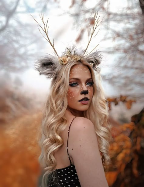 Women Deer Costume, Deer Costume Women, Deer Costume Makeup, Faun Makeup, Deer Halloween Makeup, Bambi Makeup, Deer Makeup Tutorial, Reindeer Makeup, Deer Halloween Costumes