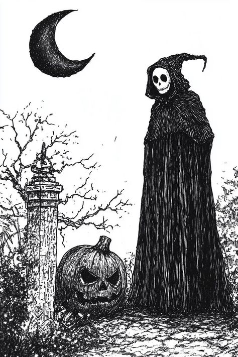 This captivating piece of artwork draws inspiration from the unique and whimsical style of Edward Gorey, perfectly capturing the eerie allure of Halloween. Featuring a ghostly figure cloaked in dark robes, standing in a moonlit graveyard alongside a mischievous pumpkin, this print is both striking and thought-provoking. The intricate details and use of stark contrasts in black and white evoke the essence of traditional gothic art while providing a modern twist that will complement any home decor Spooky Art Nouveau, Gorey Art Style, Black Ink Art Illustrations, Gothic Art Aesthetic, Gothic Sketches, Creepy Silhouette, Occult Art Dark, Graveyard Drawing, Moonlit Graveyard