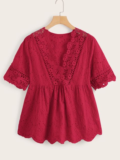 Eyelet Embroidery Scallop Trim Peplum Blouse | SHEIN Fotua Design, Alia Cut, Peplum Tops, Eyelet Embroidery, Fashion Tops Blouse, Scallop Trim, Trendy Fashion Tops, Quick Outfits, Top Shirt Women