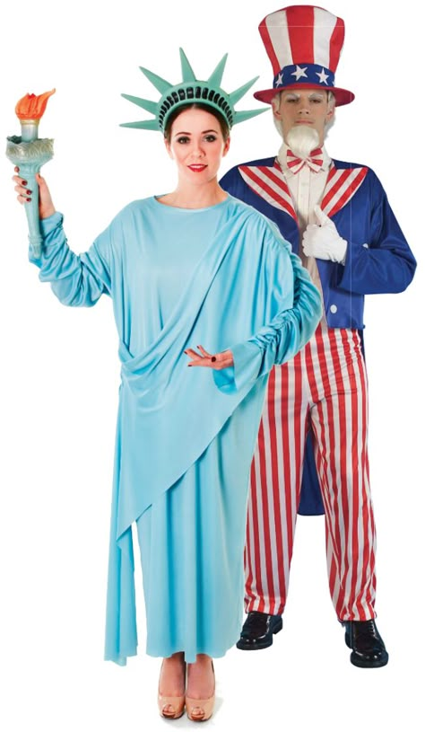 Uncle Sam & Miss Liberty Costumes! Brilliant Couples costumes for the 4th July! Usa Homecoming Theme, American Costume Ideas, Different Countries Costumes, Blue Tailcoat, Statue Of Liberty Torch, Statue Of Liberty Costume, Olympics Costume, Couples Fancy Dress, New York Theme Party