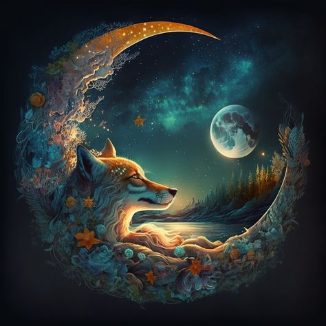 Night Sky Clouds, Light Flowers, Lake Reflection, Fox Art Print, Fantasy Wolf, Fox Painting, Moon Crescent, Good Night Gif, The Full Moon