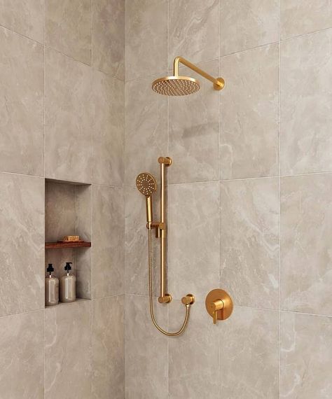 Riobel KIT323NBBG Nibi Brushed Gold 2-Way Shower Kit With Hand Shower Walk In Shower Gold Fixtures, Shower Base With Seat, Gold Shower Fixtures, Bathroom Console, Wall Mount Faucet Bathroom, Shower Columns, Gold Shower, Shower Drains, Shower Bases