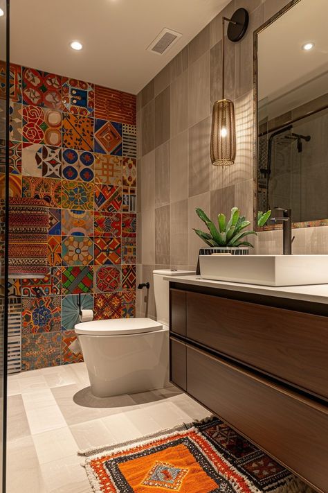 29 Afrohemian Decor Bathroom Ideas for a Culturally Rich Space 26 Traditional Indian Bathroom Ideas, African Bathroom Decor Ideas, Small Bathroom Tiles Design, Mosaic Bathroom Ideas, Indian Bathroom Ideas, Bathroom Indian, Tile Ideas For Small Bathrooms, Afrohemian Decor, Bathroom Ideas Indian Home