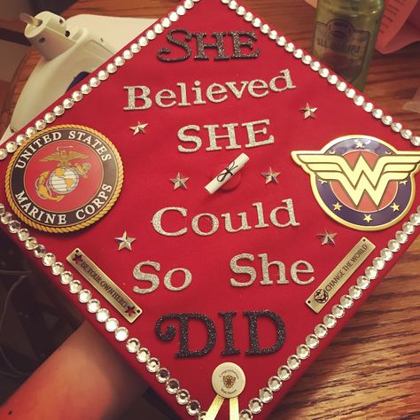 Marine Corps Wonder Woman Grad Cap - Mine! Usmc Graduation Cap, Marine Corps Graduation Cap, Military Graduation Cap, Usmc Graduation, Marine Corps Graduation, Graduation Cap Images, Senior Caps, Female Devil, Police Prayer