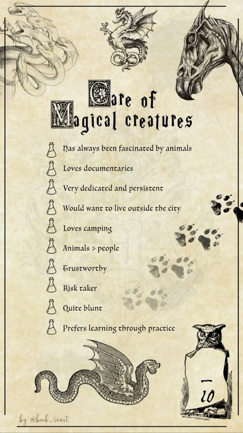 Care Of Magical Creatures Harry Potter, Hp Magical Creatures, Magizoology Aesthetic, Hogwarts Magical Creatures, Care Of Magical Creatures Book, Care Of Magical Creatures Aesthetic, Magizoologist Aesthetic, Care For Magical Creatures, Hogwarts Lessons