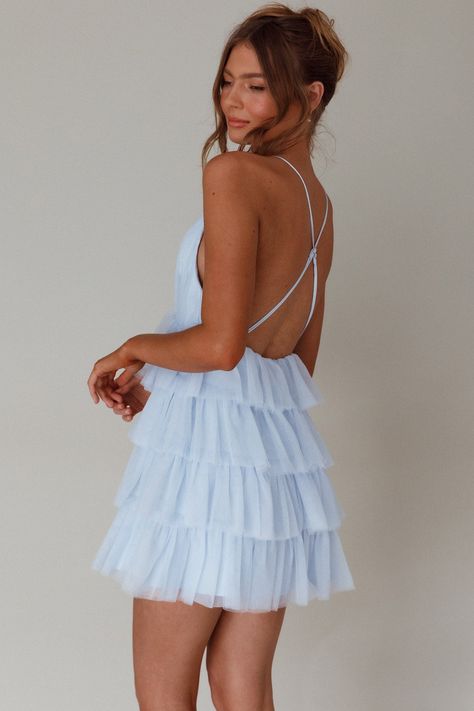 Shop the Auguste Tiered Frill Mini Dress Sky Blue | Selfie Leslie Flowy Mini Dresses, Tiered Hoco Dress, Classy Hoco Dresses, Winterball Dresses, Hens Dress, Sisterhood Round, Blue Selfie, Pastel Dresses, Light Blue Mini Dress