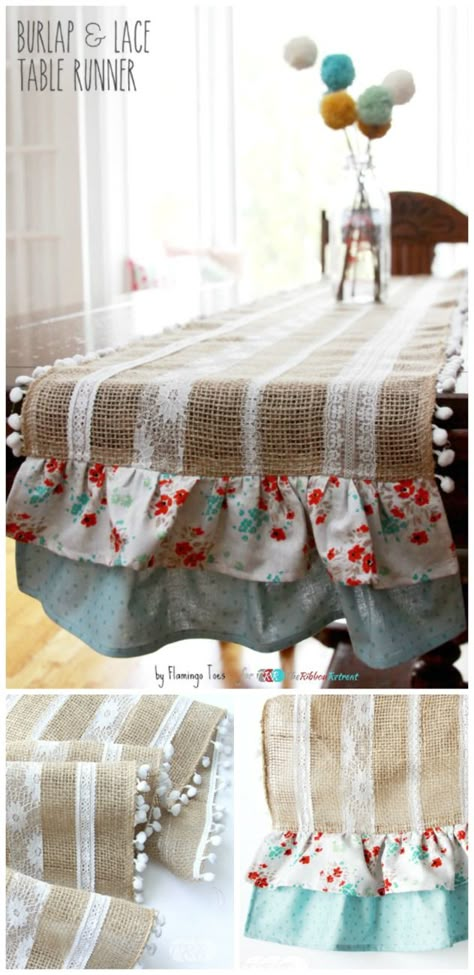 Easy Burlap and Lace Table Runner - The Ribbon Retreat Blog Easiest Burlap, Burlap Runners, Lace Table Runner, Burlap Projects, Diy Dining Room, Burlap And Lace, Diy Dining, Lace Table Runners, Trendy Sewing