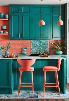 Colorful Kitchen Cabinets, Red And Teal Kitchen, Kitchen Trends 2024, Teal Kitchen Cabinets, Kitchen Color Ideas, Colorful Kitchens, Southwest Kitchen, Aqua Kitchen, Teal Kitchen