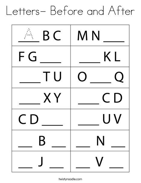 Letters- Before and After Coloring Page - Twisty Noodle Kindergarten Letters Worksheets, Before And After Alphabets Worksheet, Before And After Letters Worksheets, Abc For Preschool, Before And After, Free Preschool Printables Alphabet, Letter Worksheets Kindergarten, Letter Worksheets For Preschool, English Worksheets For Kindergarten