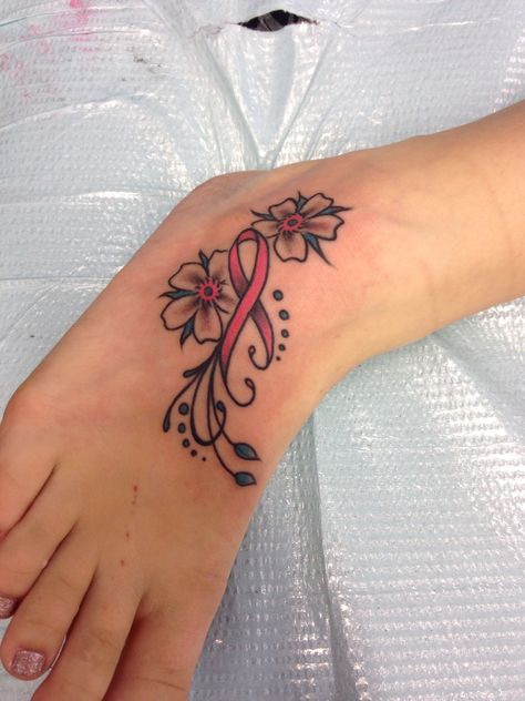 Pink Ribbon Flower Tattoo, Ribbon With Flowers Tattoo, Pink Ribbon Tattoos Survivor, Awareness Ribbon Tattoo, Awareness Tattoos, Tattoos Big, Pink Ribbon Tattoos, Survivor Tattoo, Mastectomy Tattoo