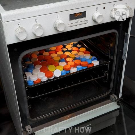 Melting Plastic Caps In The Oven To Make Stunning Crafts | oven, craft, plastic | Melting Plastic Caps In The Oven To Make Stunning Crafts | By Crafty Panda How Melting Bottle Caps, Melting Plastic Art, Melted Plastic Art, Plastic Upcycling, Plastic Beads Melted, Melting Plastic, Plastic Bottle Tops, Bottle Top Crafts, Plastic Bottle Caps