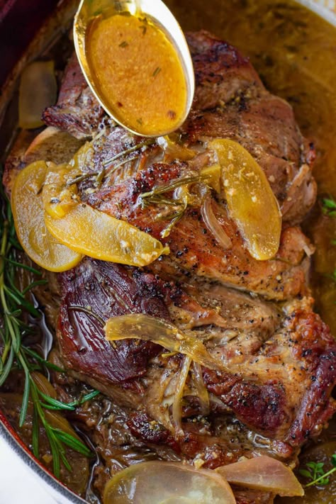 Apple Cider Braised Pork Shoulder! This delicious and comforting apple cider braised pork roast is perfect for fall. The meat is fall apart tender and so incredibly flavor-packed. It melts in your mouth. Pork Picnic Shoulder Recipes, Cider Braised Pork Roast, Cider Pork Roast, Pork Shoulder Roast Crock Pot, Braised Pork Roast, Non Traditional Thanksgiving Dinner, Apple Cider Braised Pork, Pork Shoulder Picnic Roast, Cider Braised Pork