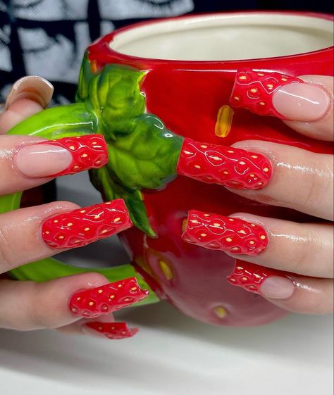 Strawberry nails 🍓 Strawberry Nails Stiletto, Fruit Nails Square, Square Fruit Nails, Strawberry Nails Square, Cool Square Nails, Strawberry Inspired Nails, Strawberry Themed Nails, 3d Strawberry Nails, Fruit Acrylic Nails