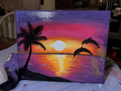 Dolphin Sunset, Dolphin Painting, Sunset Canvas Painting, Easy Disney Drawings, Beach Art Painting, Sky Art Painting, Acrylic Art Projects, Rainbow Painting, Small Canvas Paintings