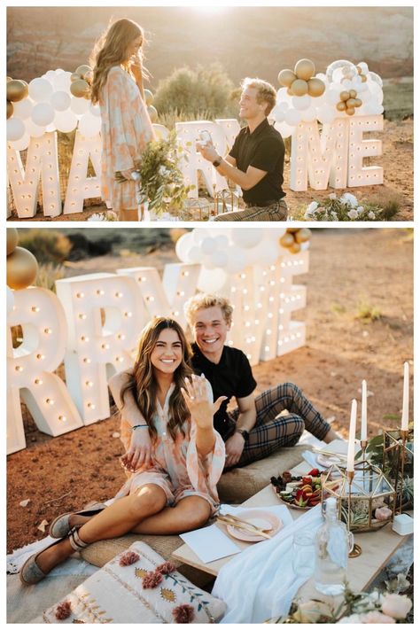 Two images from a marriage proposal during sunset. The first image show a young guy down on one knee opening a ring box and his soon to be fiancé covers her mouth and takes in the moment. In the second image the couple sits at a boho picnic spread in front of marquee letter lights and balloons that say 'marry me'. There are tall skinny candles, a charcuterie board, wild flowers, and pillows to sit on around the low wooden table. The bride to be shows off her new ring. Marry Me Letters Proposal, Marry Me Letters, Marry Me Sign, Alyssa Johnson, Engagement Party Backdrop, Outdoor Proposal, Cute Proposal Ideas, Cute Country Couples, Beach Proposal