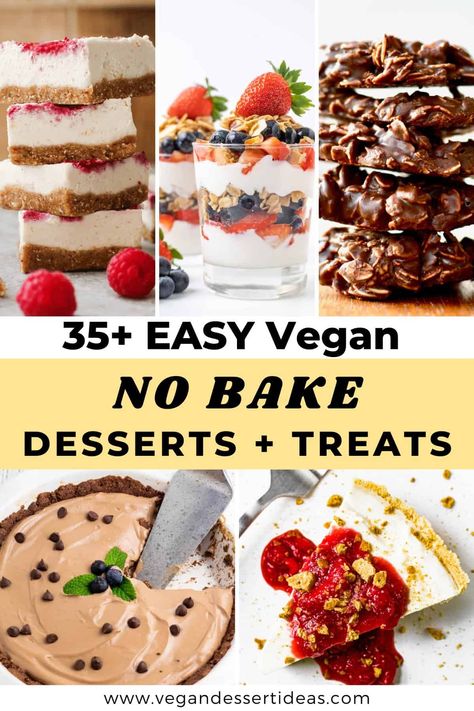 Hey dessert fans! Are you in the mood for a lazy vegan sweet treat? These vegan no bake desserts are easy, quick and you don't even need to switch the oven on. From no bake mousses and parfaits perfect for summer to rich and indulgent pie for the holidays! Also includes recipes for vegan no bake cookies and energy bites for a sweet treat on the go! Vegan Potluck Dessert, No Bake Desserts Gluten Free, Vegan Desserts Easy Quick, Vegan Fruit Dessert, Vegan No Bake Desserts, No Bake Vegan Dessert, Vegan Desserts Easy, Egg Free Dessert Recipes, Quick Vegan Desserts