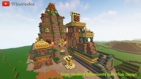 Aztec Themed Community Game Hub Design [Minecraft] Minecraft Mayan City, Minecraft Aztec House, Aztec Minecraft Build, Mayan Minecraft, Minecraft Aztec Builds, Minecraft Aztec, Aztec Jungle, Aztec Architecture, Aztec City