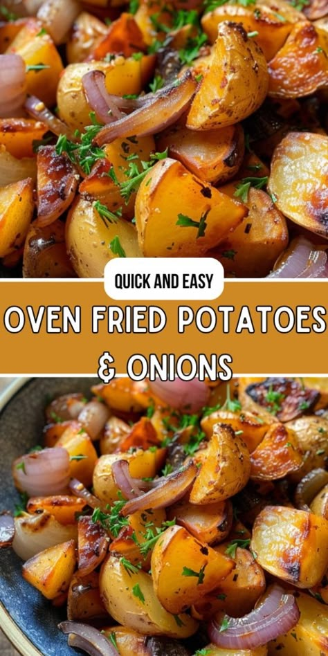 Oven Fried Potatoes & Onions Potato Peppers Onions Bake, Oven Baked Fried Potatoes, Oven Baked Fried Potatoes And Onions, Cast Iron Fried Potatoes, Crockpot Fried Potatoes, Fried Potatoes Onions And Peppers, Potato And Onion Recipes Ovens, Oven Diced Potatoes, Home Fried Potatoes And Onions