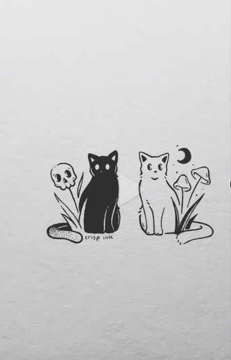 Matching Witchy Tattoos For Sisters, Cat And Crow Tattoo, Matching Black Cat Tattoos, Friend Cat Tattoo, 2 Cats Tattoo Simple, Matching Drawings For Best Friends, Matching Cat Tattoos Best Friends, Cat Tattoo Matching, Small Halloween Tattoos Simple