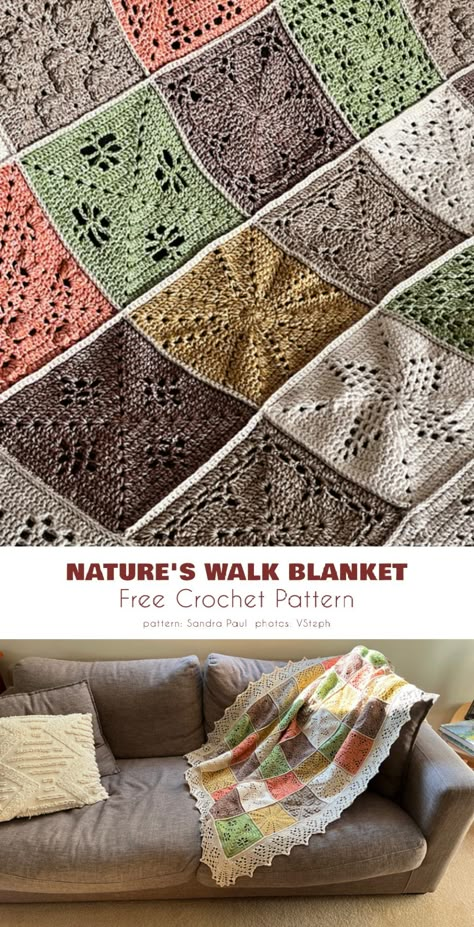 Fall's Walk Blanket Nature's Walk Crochet Blanket, Crochet Cotton Blanket Patterns Free, Nature Inspired Crochet Blanket, Willow Granny Square Blanket, Natures Walk Crochet Blanket, Crochet Nature Patterns, Modern Granny Squares, Nature Crochet Patterns, Big Granny Square Pattern